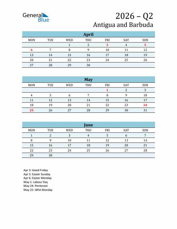 Three-Month Planner for Q2 2026 with Holidays - Antigua and Barbuda