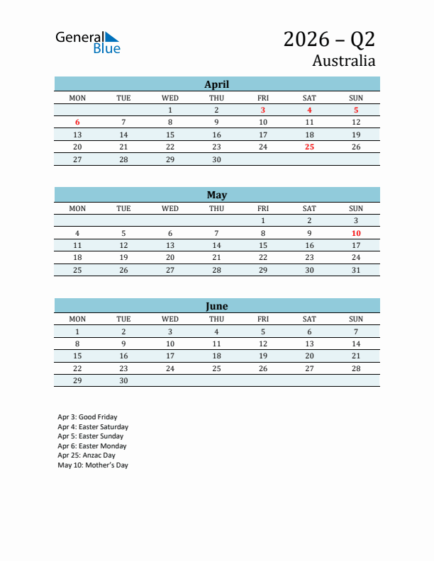 Three-Month Planner for Q2 2026 with Holidays - Australia