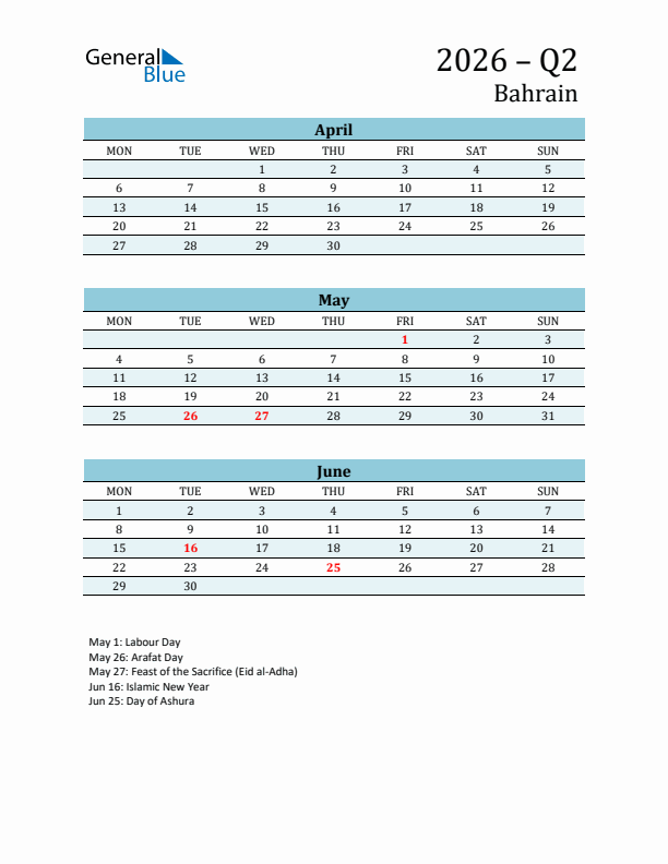 Three-Month Planner for Q2 2026 with Holidays - Bahrain