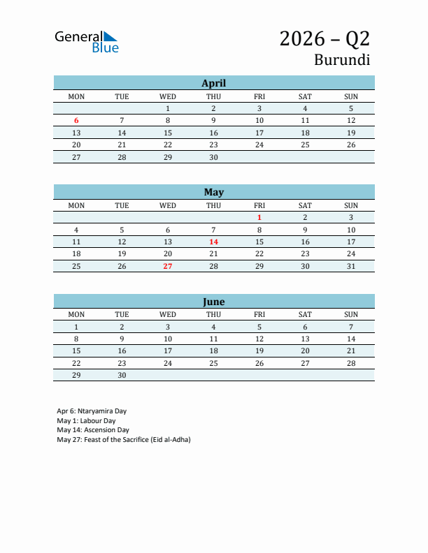 Three-Month Planner for Q2 2026 with Holidays - Burundi