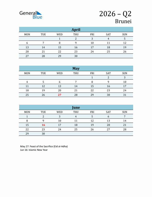 Three-Month Planner for Q2 2026 with Holidays - Brunei