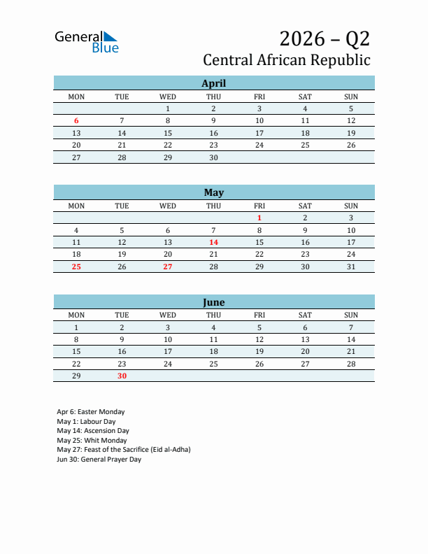 Three-Month Planner for Q2 2026 with Holidays - Central African Republic