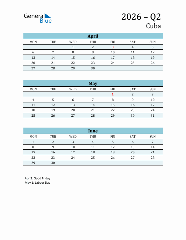 Three-Month Planner for Q2 2026 with Holidays - Cuba