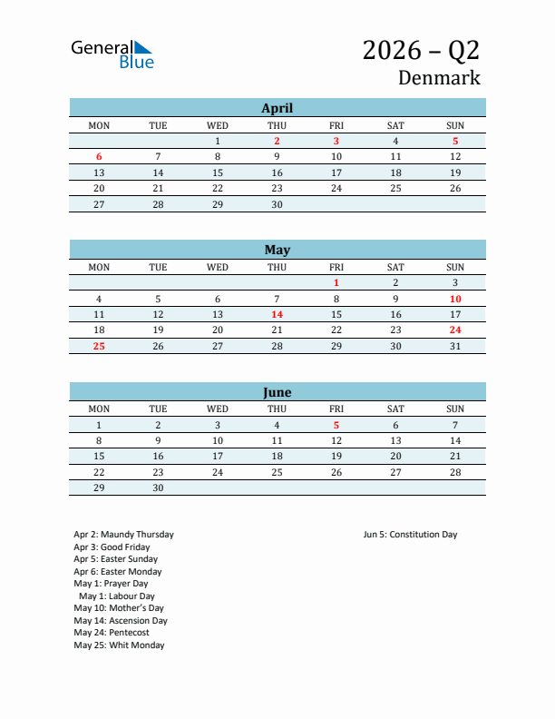 Three-Month Planner for Q2 2026 with Holidays - Denmark