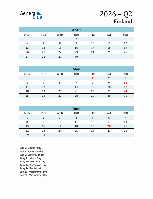 Three-Month Planner for Q2 2026 with Holidays - Finland