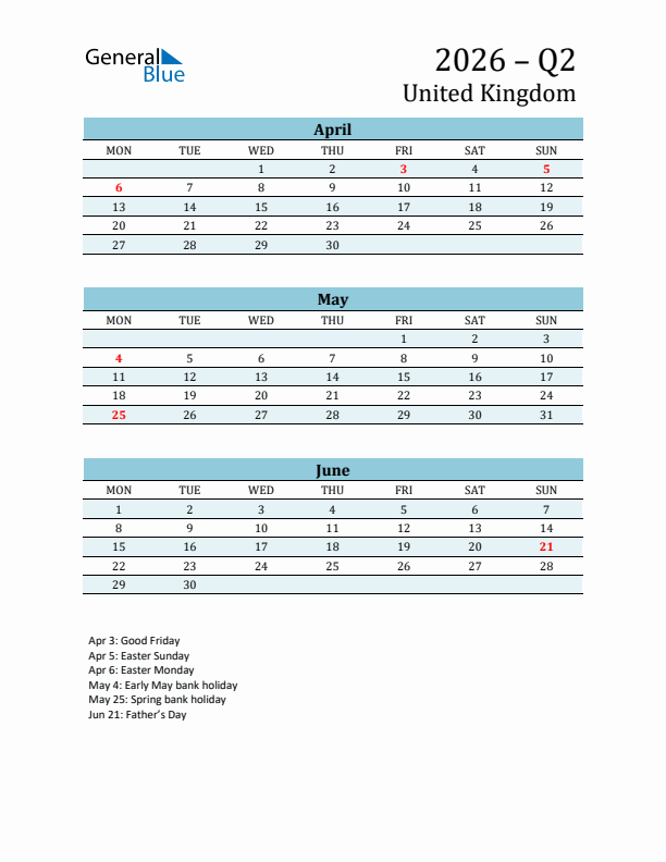 Three-Month Planner for Q2 2026 with Holidays - United Kingdom