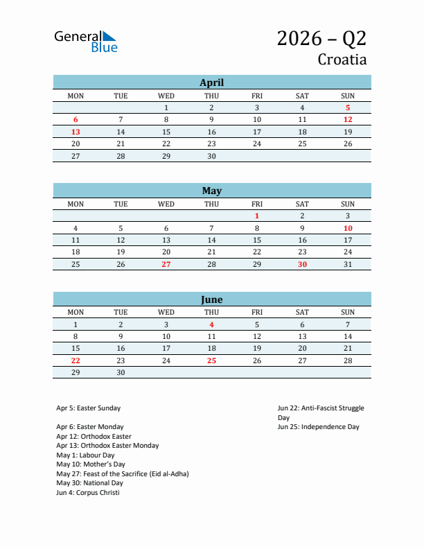 Three-Month Planner for Q2 2026 with Holidays - Croatia