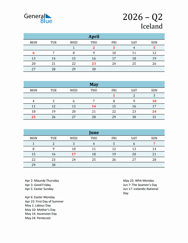 Three-Month Planner for Q2 2026 with Holidays - Iceland