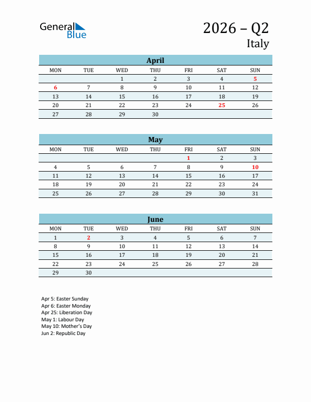 Three-Month Planner for Q2 2026 with Holidays - Italy