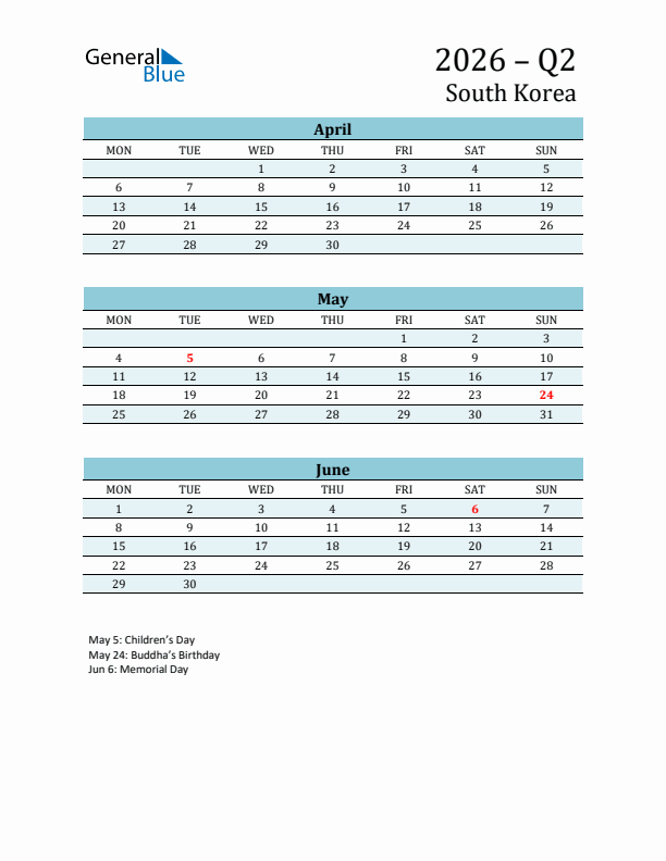 Three-Month Planner for Q2 2026 with Holidays - South Korea