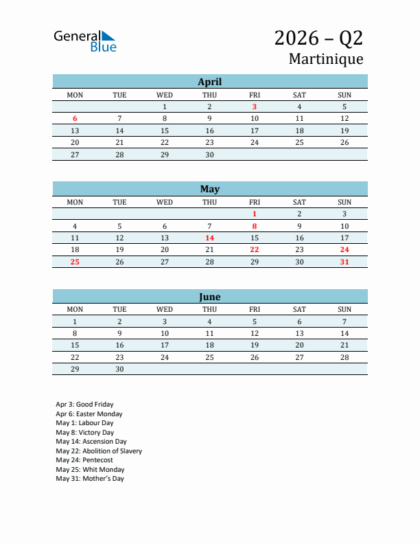 Three-Month Planner for Q2 2026 with Holidays - Martinique