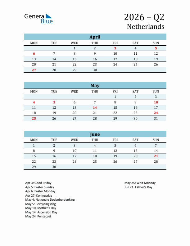 Three-Month Planner for Q2 2026 with Holidays - The Netherlands