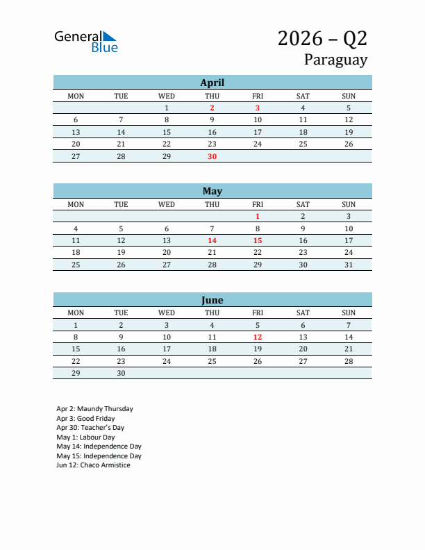 Three-Month Planner for Q2 2026 with Holidays - Paraguay