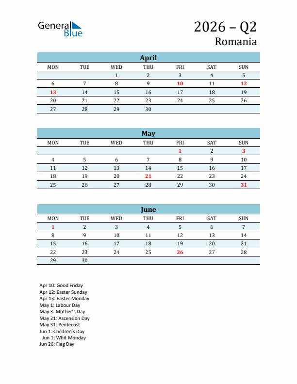 Three-Month Planner for Q2 2026 with Holidays - Romania