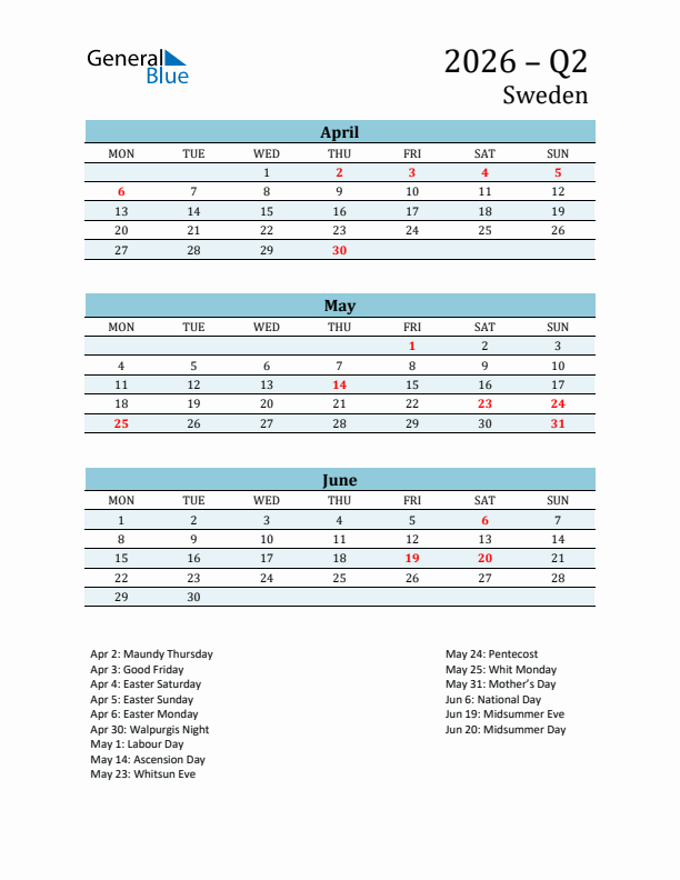 Three-Month Planner for Q2 2026 with Holidays - Sweden