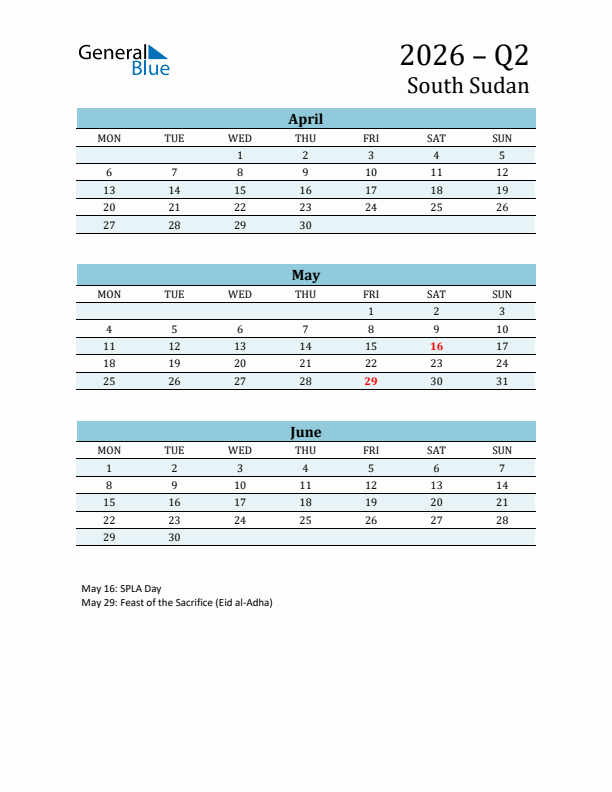 Three-Month Planner for Q2 2026 with Holidays - South Sudan