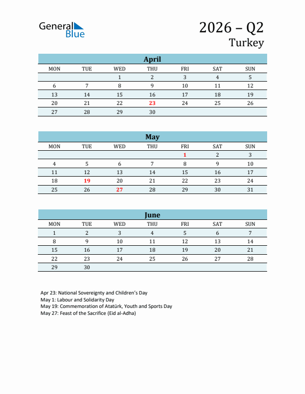 Three-Month Planner for Q2 2026 with Holidays - Turkey