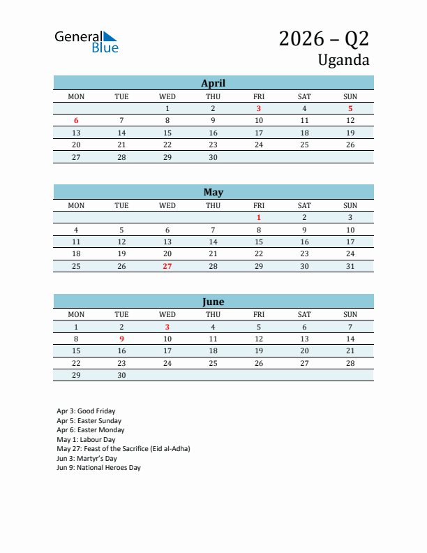 Three-Month Planner for Q2 2026 with Holidays - Uganda