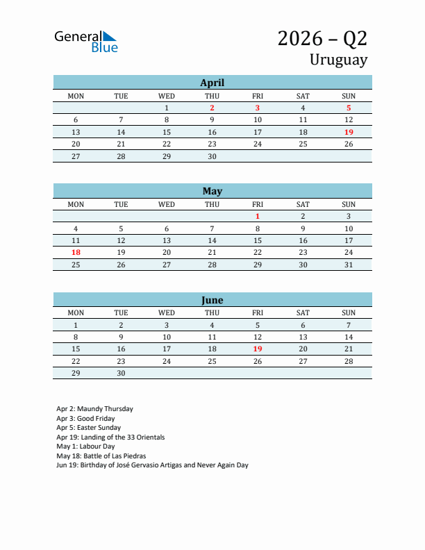 Three-Month Planner for Q2 2026 with Holidays - Uruguay