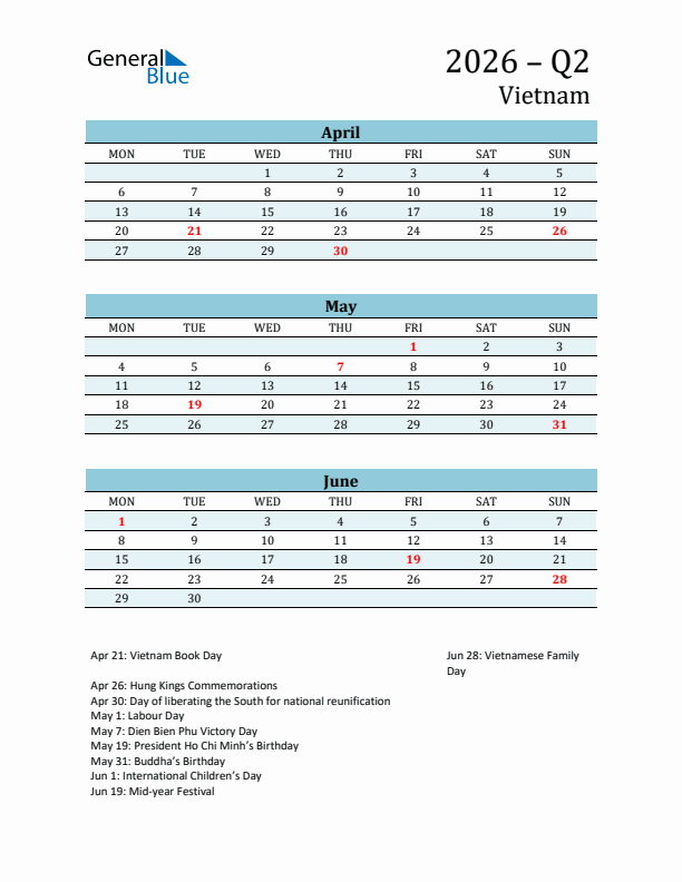 Three-Month Planner for Q2 2026 with Holidays - Vietnam