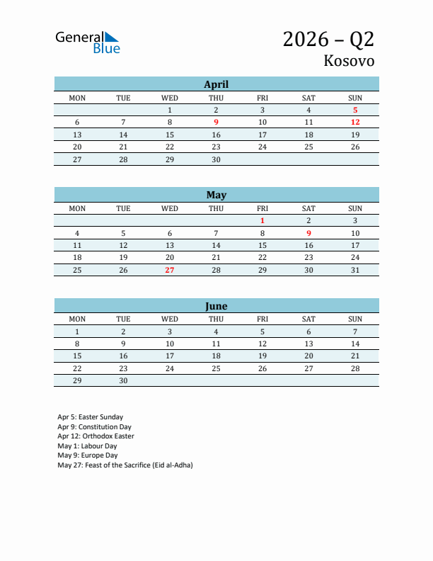 Three-Month Planner for Q2 2026 with Holidays - Kosovo