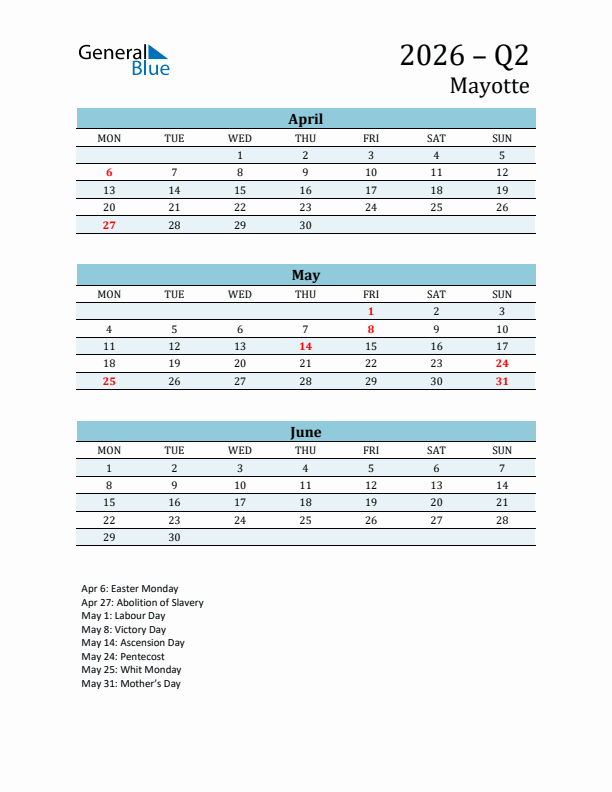 Three-Month Planner for Q2 2026 with Holidays - Mayotte