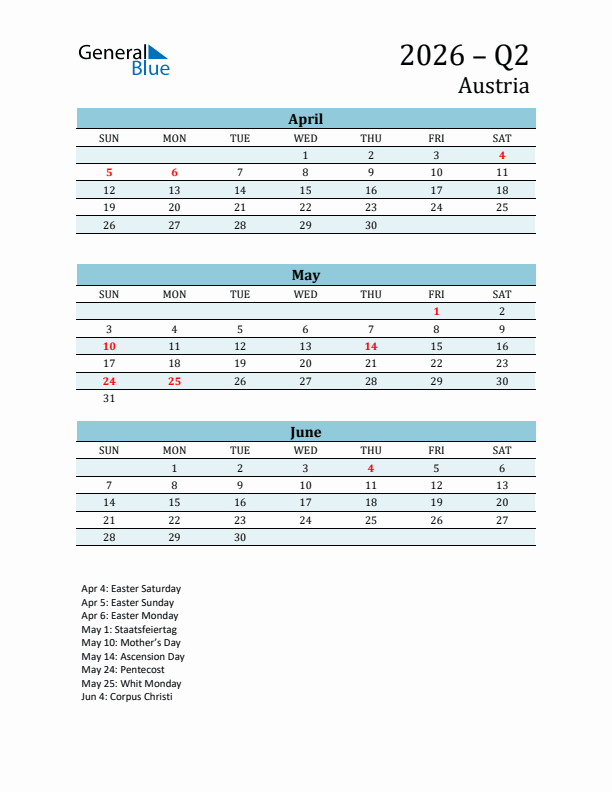 Three-Month Planner for Q2 2026 with Holidays - Austria