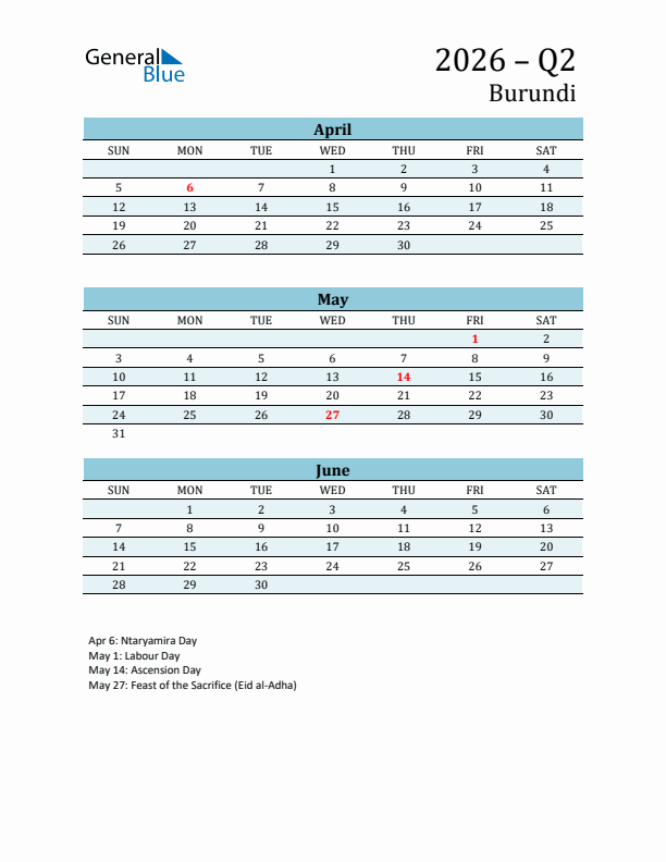 Three-Month Planner for Q2 2026 with Holidays - Burundi