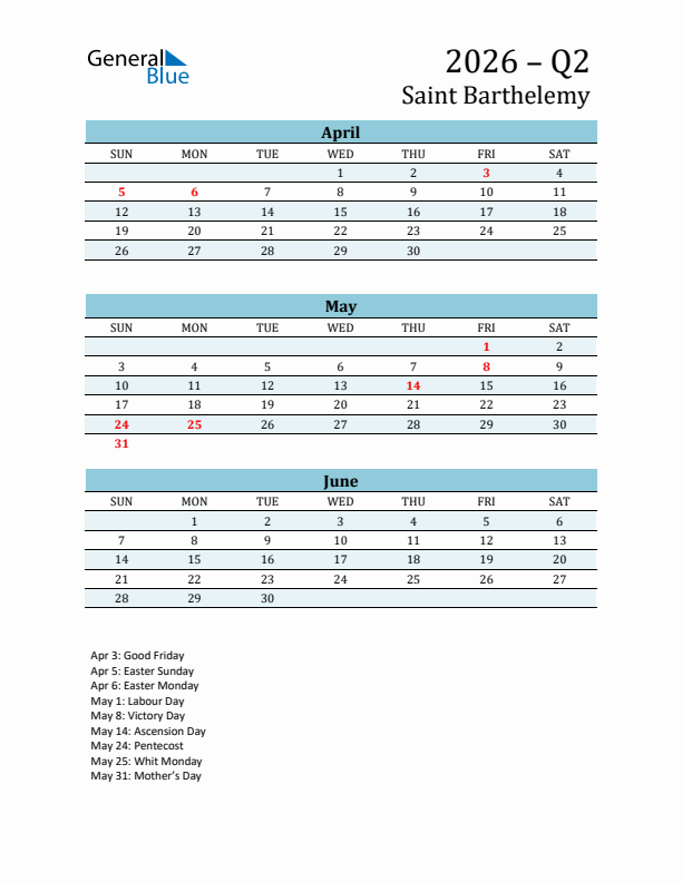 Three-Month Planner for Q2 2026 with Holidays - Saint Barthelemy