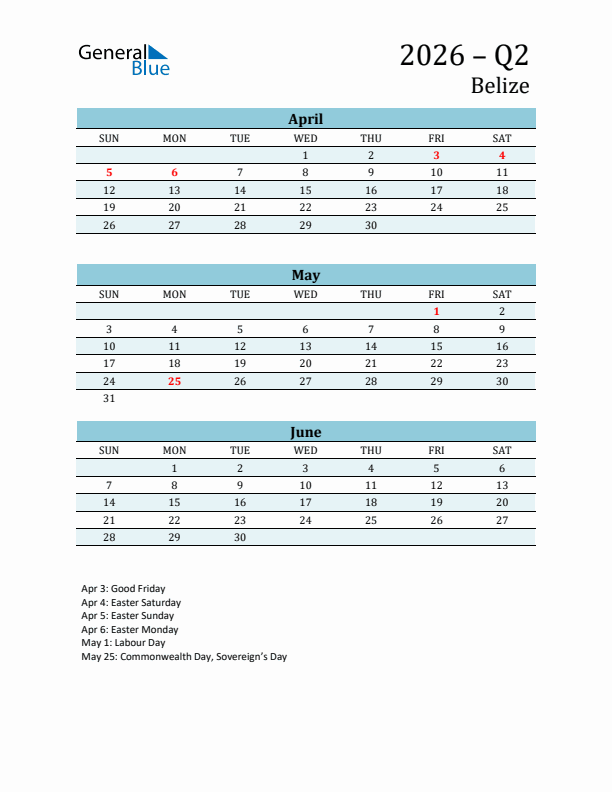 Three-Month Planner for Q2 2026 with Holidays - Belize