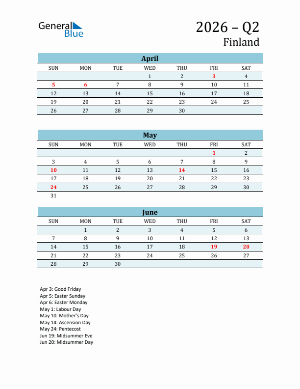 Three-Month Planner for Q2 2026 with Holidays - Finland