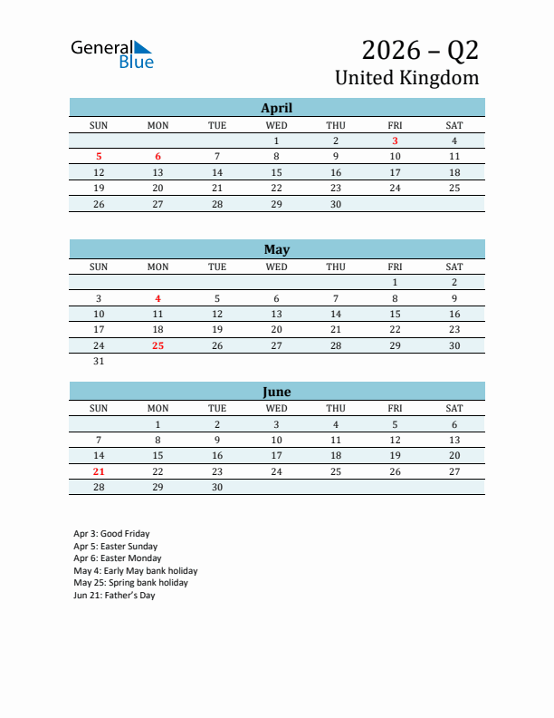 Three-Month Planner for Q2 2026 with Holidays - United Kingdom