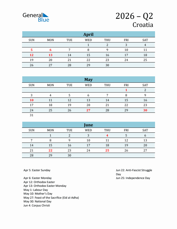 Three-Month Planner for Q2 2026 with Holidays - Croatia