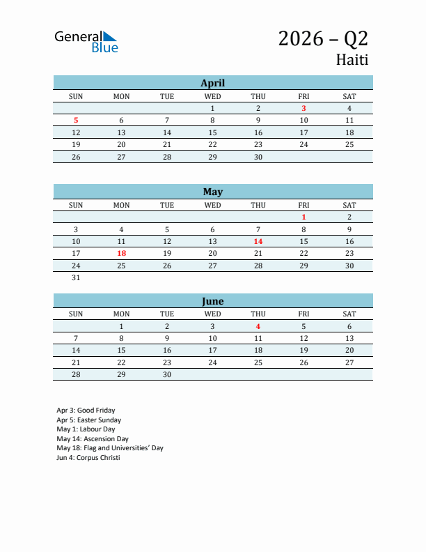 Three-Month Planner for Q2 2026 with Holidays - Haiti