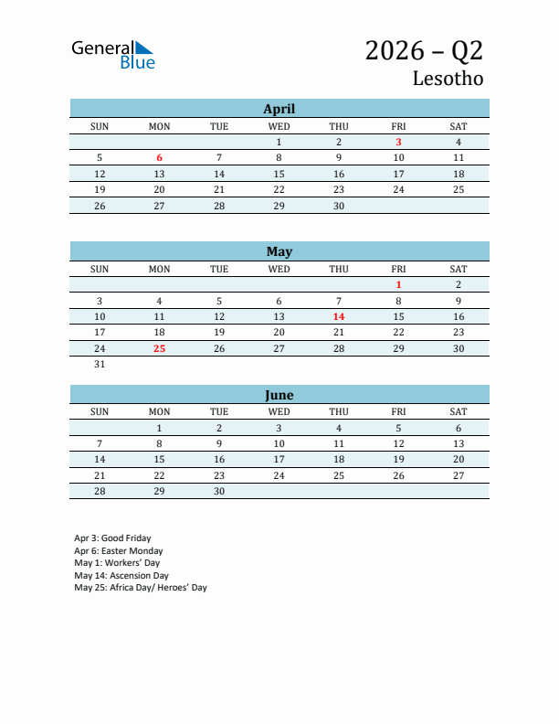 Three-Month Planner for Q2 2026 with Holidays - Lesotho