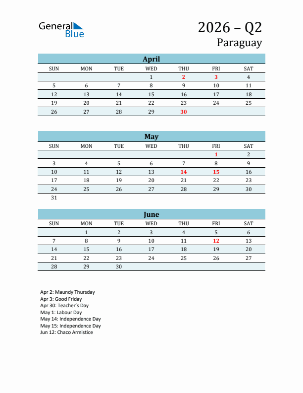 Three-Month Planner for Q2 2026 with Holidays - Paraguay