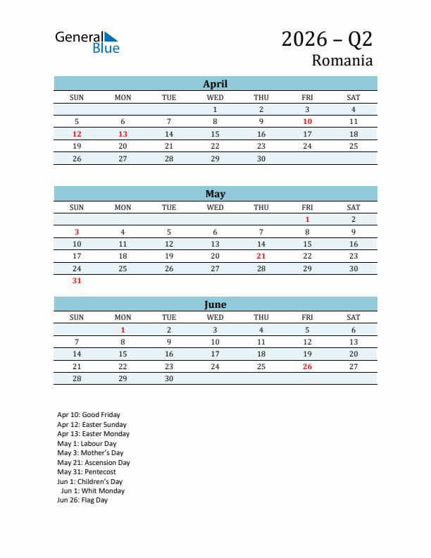 Three-Month Planner for Q2 2026 with Holidays - Romania