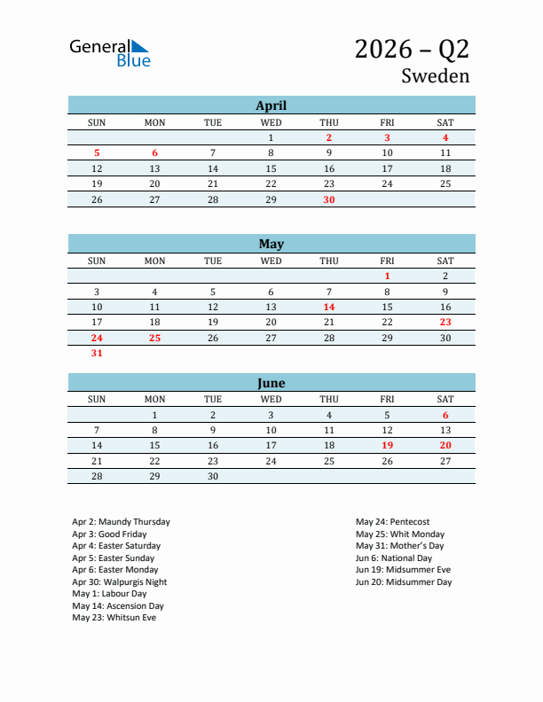 Three-Month Planner for Q2 2026 with Holidays - Sweden