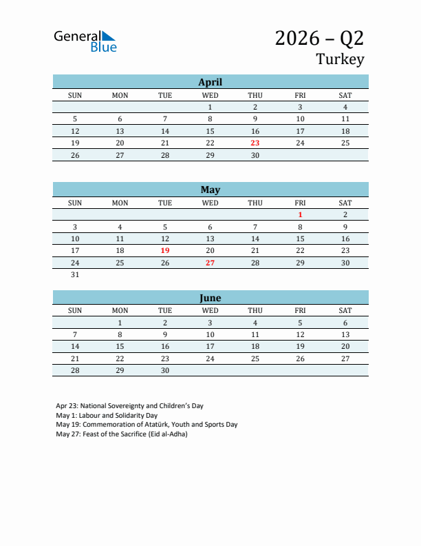 Three-Month Planner for Q2 2026 with Holidays - Turkey