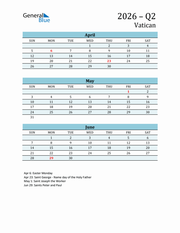 Three-Month Planner for Q2 2026 with Holidays - Vatican