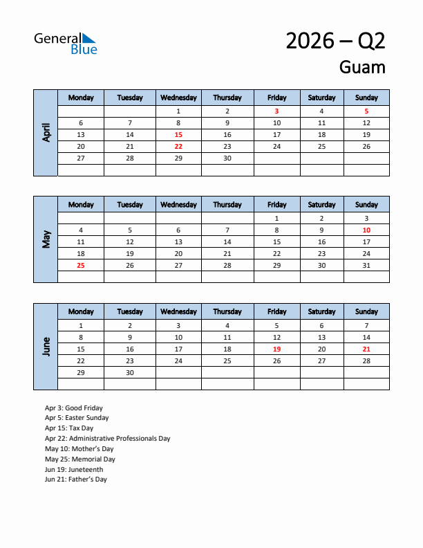 Free Q2 2026 Calendar for Guam - Monday Start