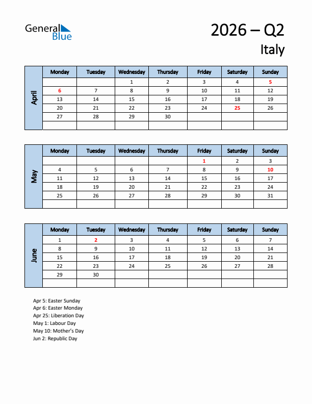 Free Q2 2026 Calendar for Italy - Monday Start