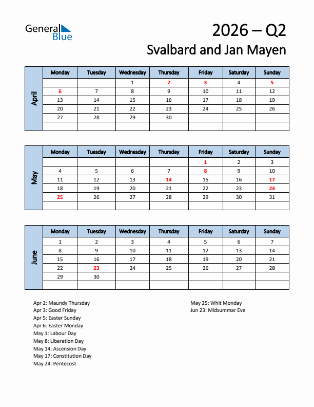 Free Q2 2026 Calendar for Svalbard and Jan Mayen - Monday Start