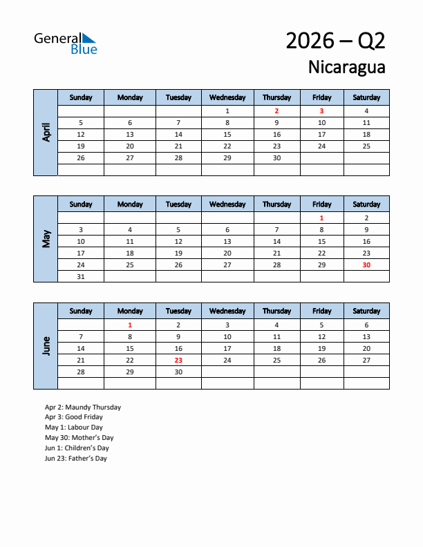 Free Q2 2026 Calendar for Nicaragua - Sunday Start