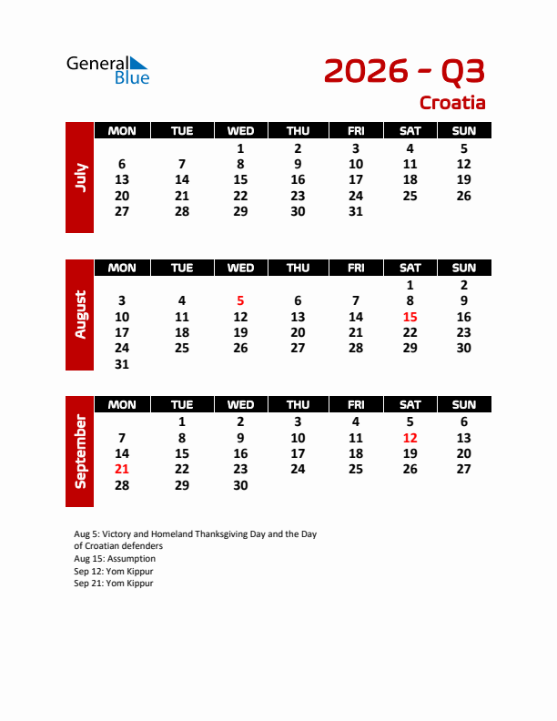 Q3 2026 Calendar with Holidays in Croatia