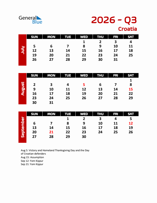 Q3 2026 Calendar with Holidays in Croatia