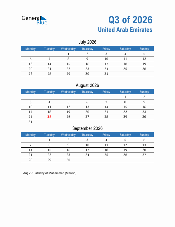 United Arab Emirates Q3 2026 Quarterly Calendar with Monday Start