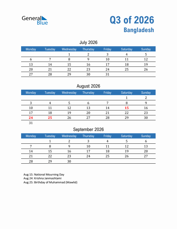 Bangladesh Q3 2026 Quarterly Calendar with Monday Start