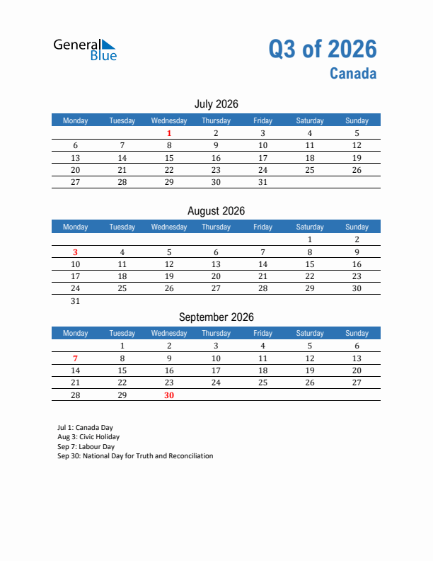 Canada Q3 2026 Quarterly Calendar with Monday Start