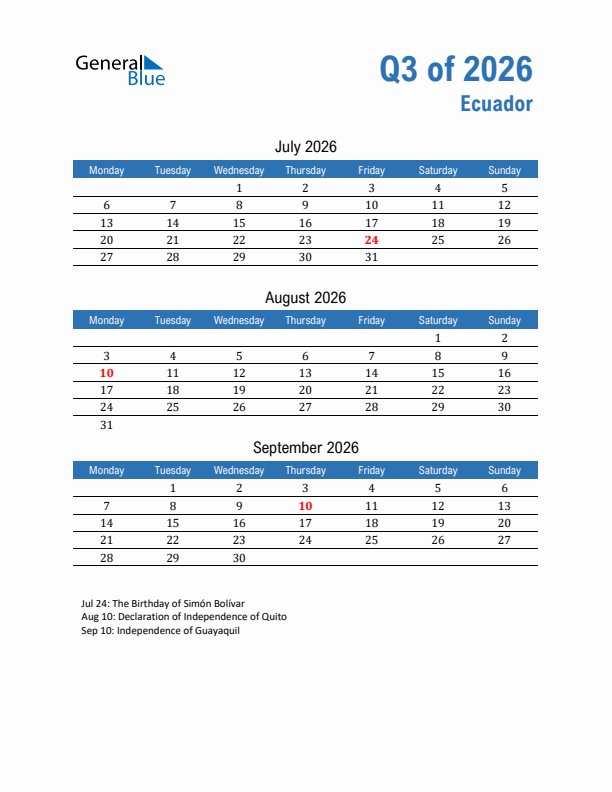 Ecuador Q3 2026 Quarterly Calendar with Monday Start